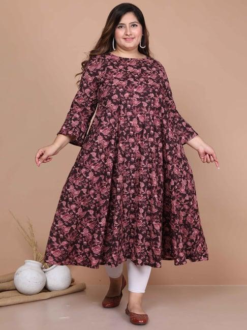 miravan maroon cotton floral print anarkali kurta