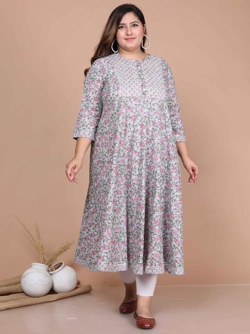 miravan grey cotton floral print anarkali kurta