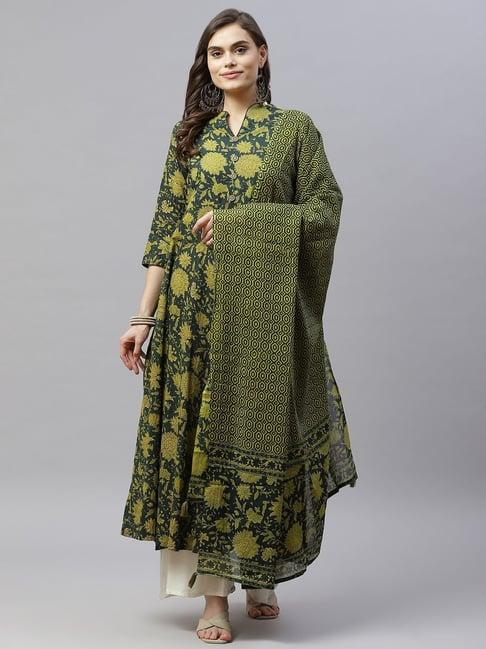 miravan green cotton floral print a line kurta with dupatta