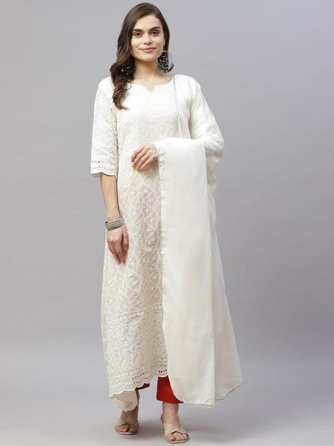 miravan white cotton embroidered a line kurta with dupatta