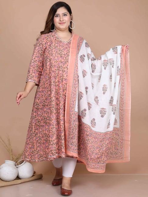 miravan peach cotton floral print a line kurta with dupatta