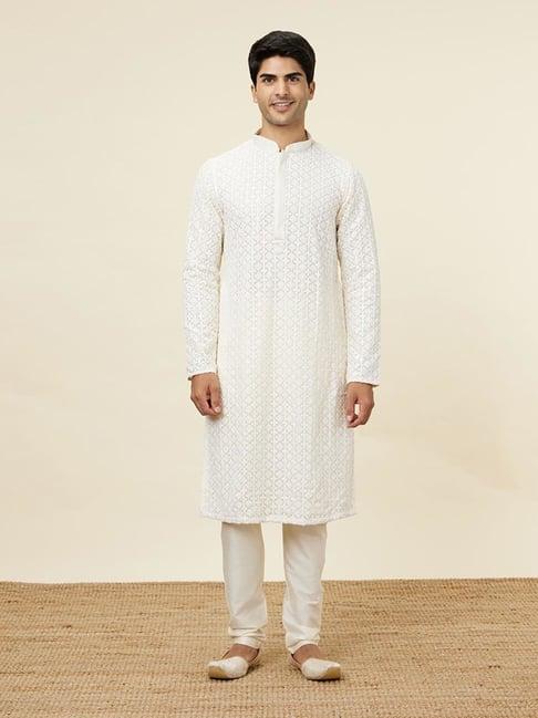 manyavar cream regular fit embroidered kurta & pyjamas set