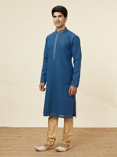 manyavar teal & gold regular fit embroidered kurta & pyjamas set