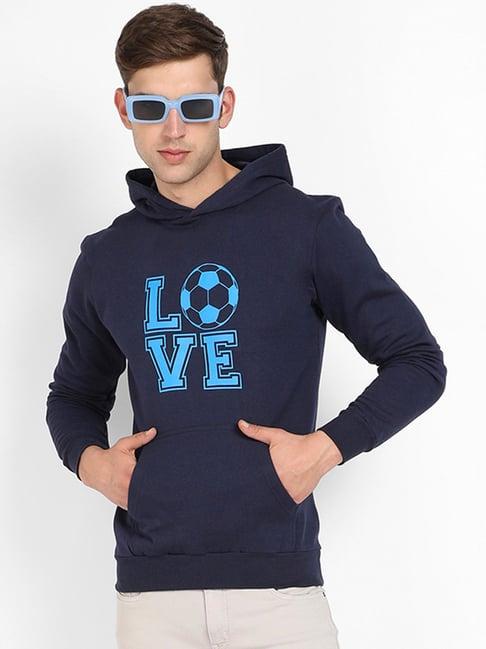 campus sutra navy regular fit graphic print hooded sweatshirt