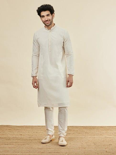 manyavar cream regular fit embroidered kurta & pyjamas set