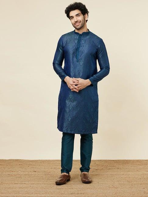 manyavar navy & teal regular fit self design kurta & pyjamas set