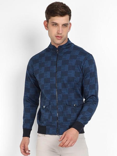 campus sutra blue regular fit textured jacket