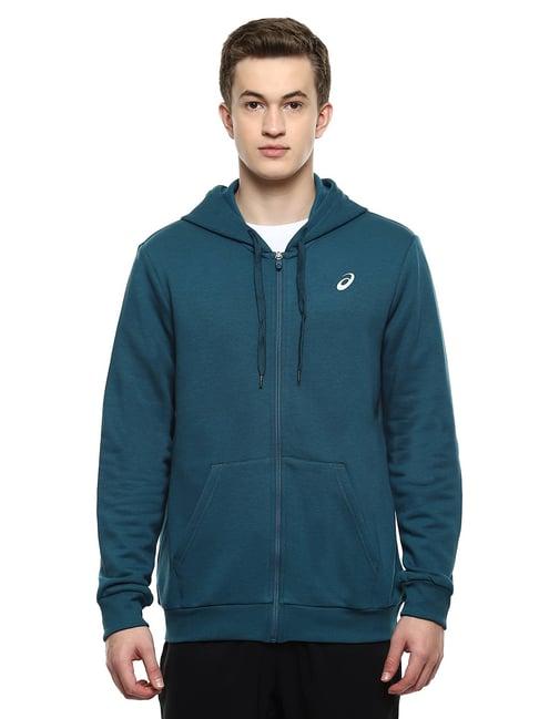 asics one point fz teal regular fit hooded sweatshirt