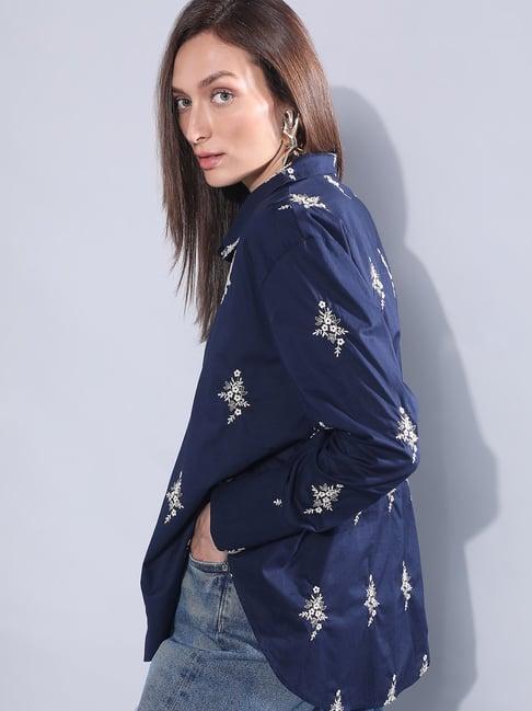 vero moda navy cotton embroidered shirt