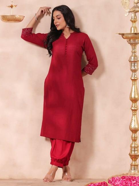 anubhutee red cotton embellished straight kurta