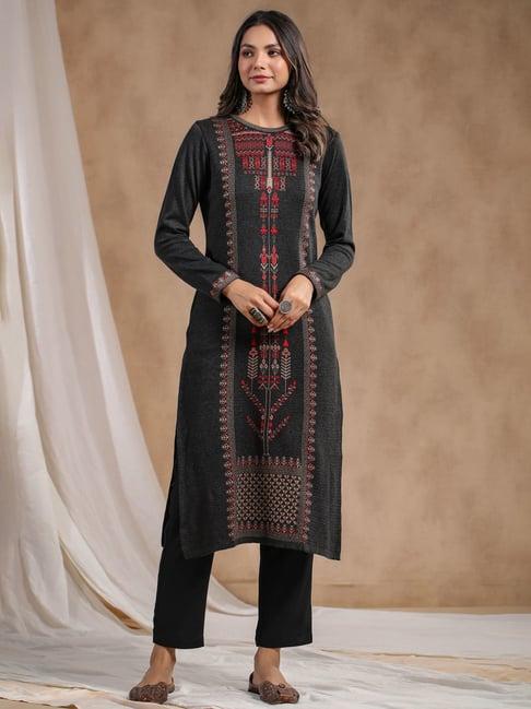 ishin black printed straight kurta