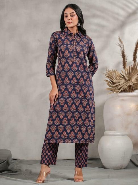 anubhutee navy cotton floral print kurta pant set