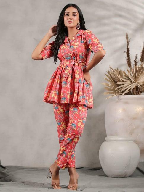 anubhutee peach cotton floral print top pant set