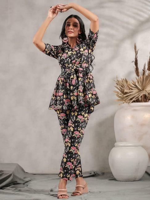 anubhutee black cotton floral print top pant set