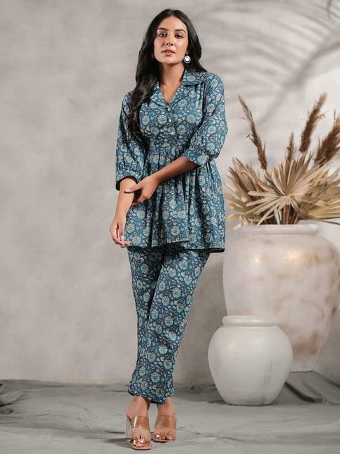 anubhutee navy cotton floral print top pant set