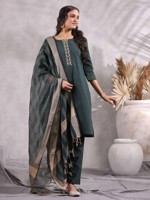 anubhutee grey cotton kurti pant set with dupatta