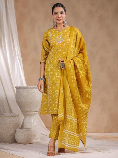 anubhutee yellow cotton printed kurta pant set with dupatta