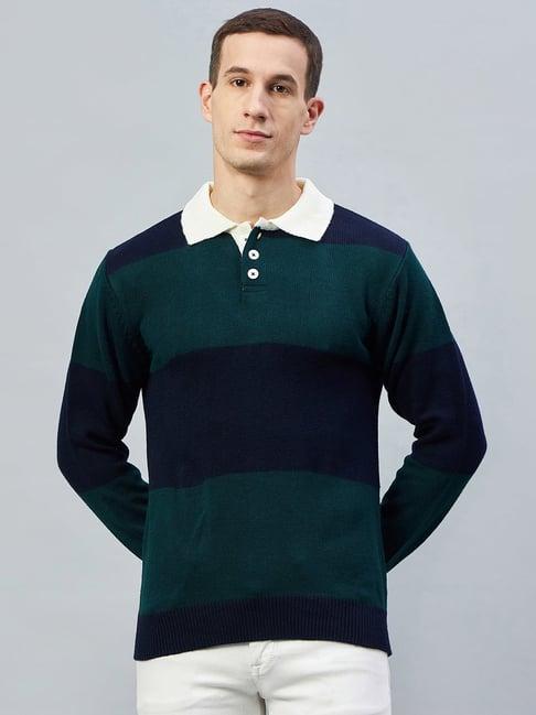 club york navy & green regular fit polo neck striped sweater