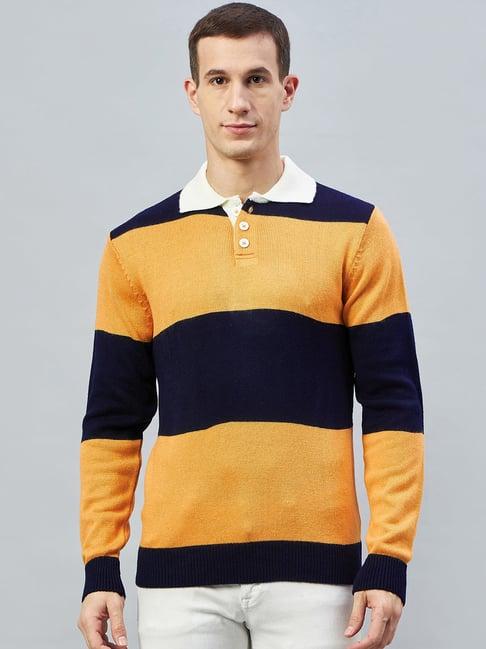 club york navy & mustard regular fit polo neck striped sweater