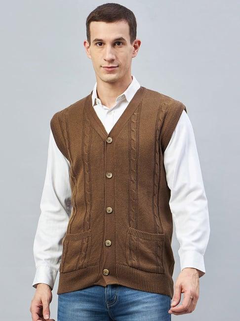 club york brown regular fit v neck self design cardigan