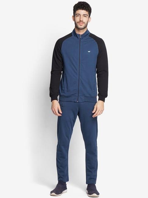 wildcraft black & navy cotton regular fit colour block tracksuit