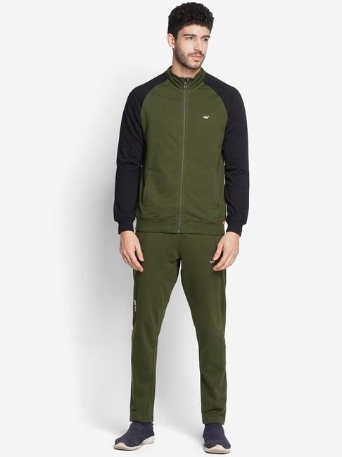 wildcraft olive cotton regular fit colour block tracksuit