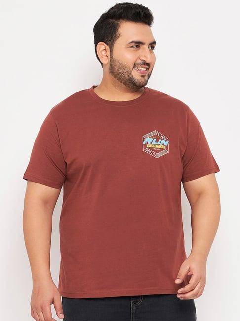 club york coffee brown regular fit printed plus size crew t-shirt