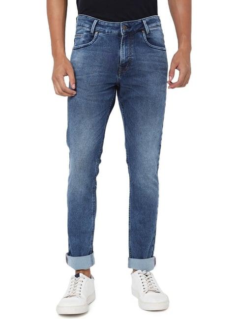 mufti mid blue cotton skinny fit jeans