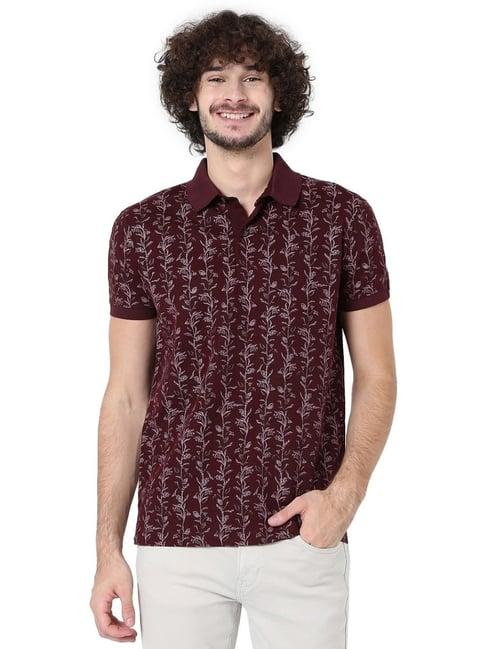 mufti burgandy cotton slim fit printed polo t-shirt