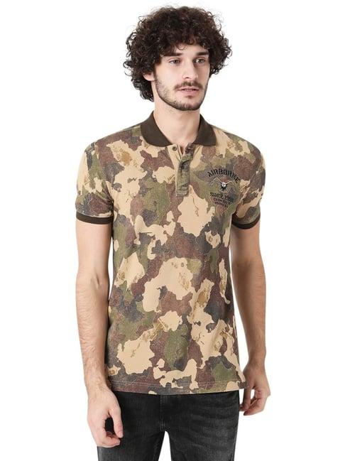 mufti khaki cotton slim fit camouflage polo t-shirt