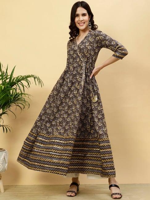 jaipur kurti charcoal printed angrakha kurta