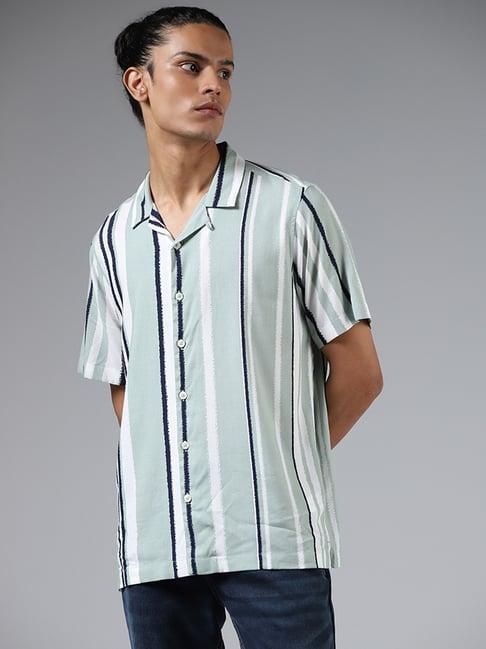 nuon by westside sage green striped relaxed fit shirt