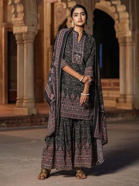 scakhi black embroidered kurti sharara set with dupatta