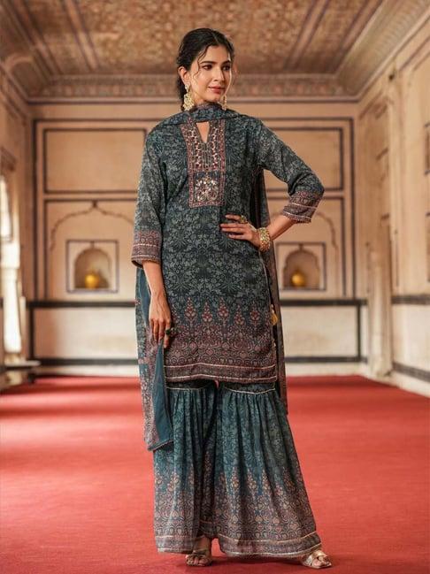 scakhi blue printed kurti sharara set with dupatta