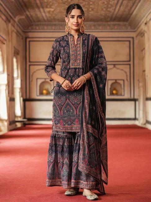 scakhi navy printed kurti sharara set with dupatta