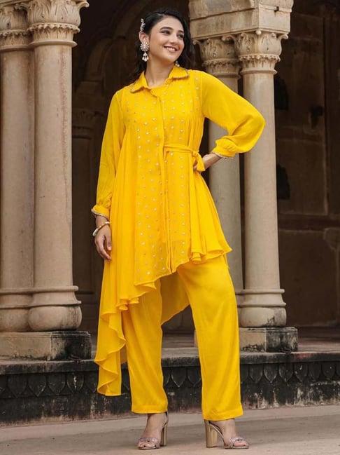 scakhi yellow embellished tunic pant set with camisole