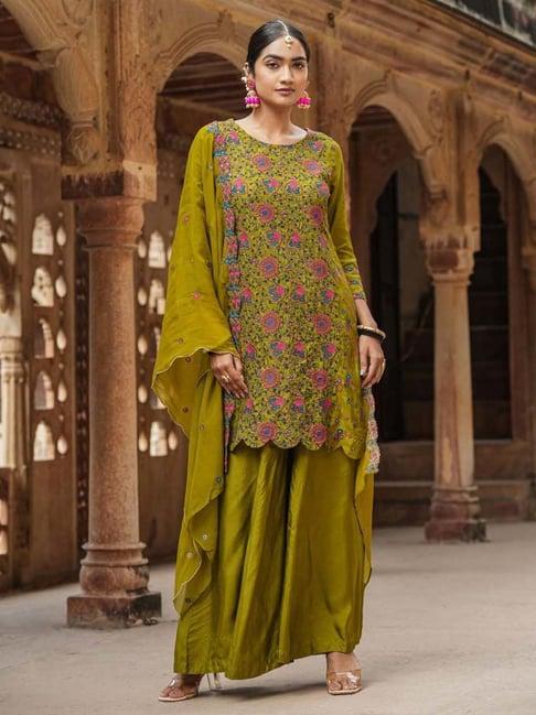 scakhi olive embroidered kurti palazzo set with dupatta