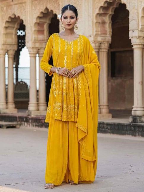 scakhi mustard embroidered kurti palazzo set with dupatta