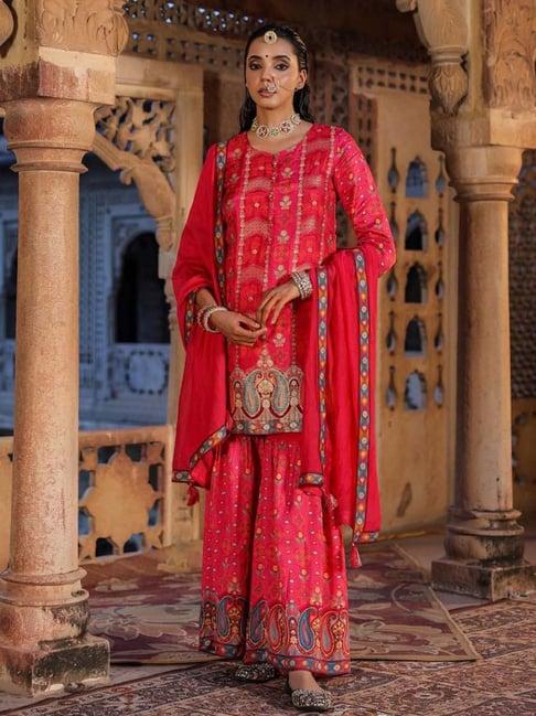 scakhi pink printed kurti palazzo set with dupatta