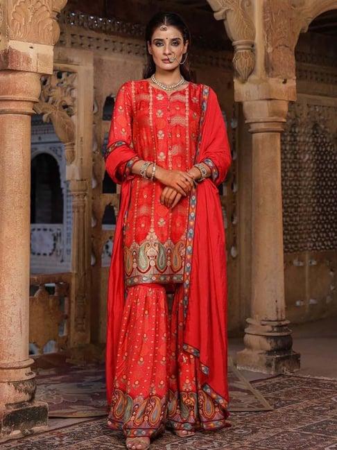 scakhi red printed kurti palazzo set with dupatta