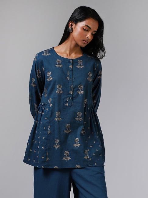 utsa by westside indigo blue floral printed pleated kurti