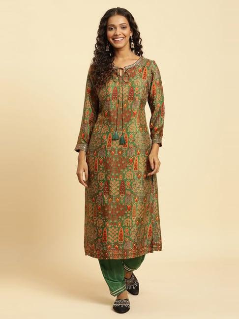 w green printed straight kurta