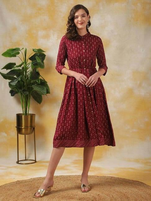 rangita maroon printed a-line dress