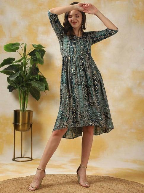 rangita blue printed high-low dress