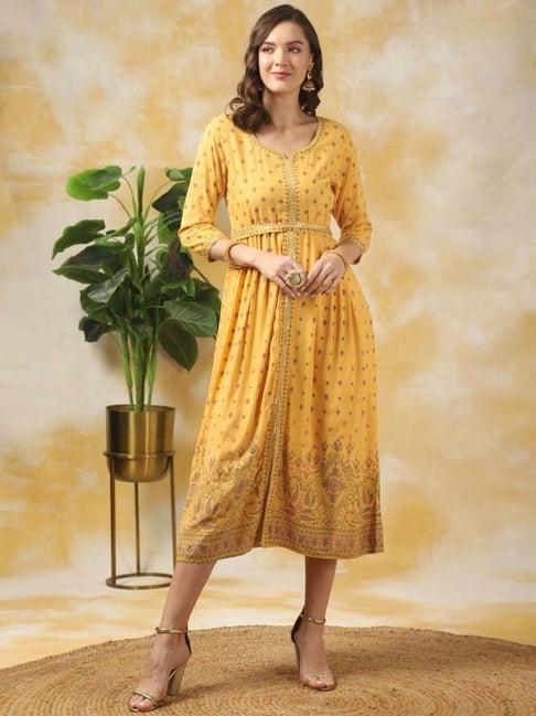 rangita yellow printed empire-line dress