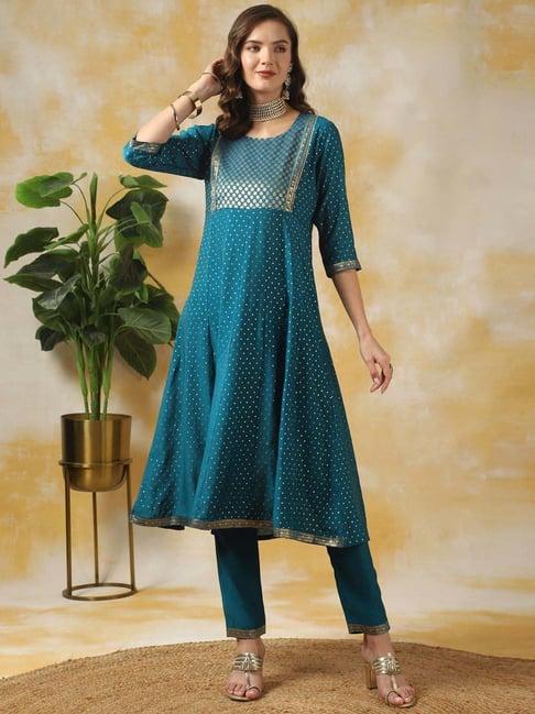 rangita blue woven pattern kurta pant set