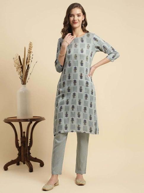 rangita grey floral print kurta pant set