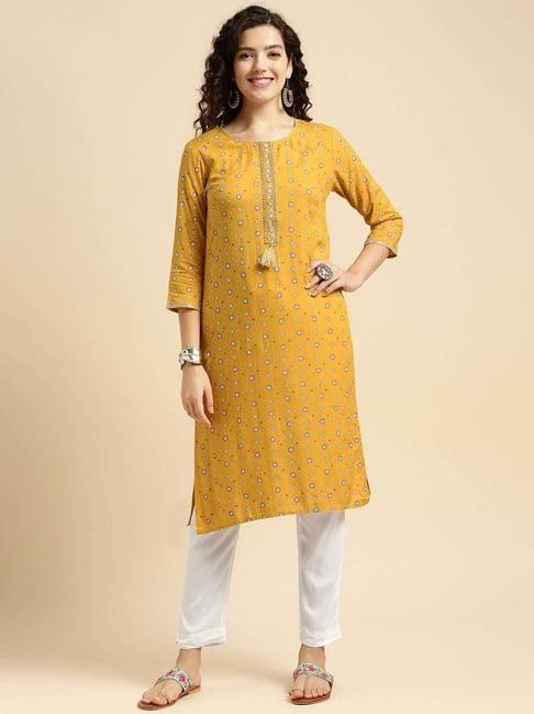 rangita yellow & white printed kurta pant set