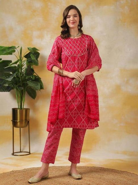 rangita pink cotton printed kurti pant set with dupatta