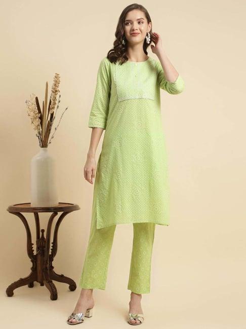 rangita green cotton printed kurti pant set